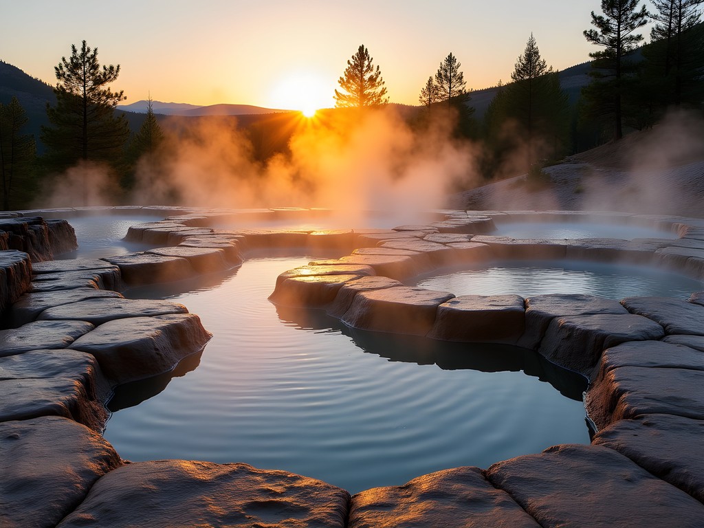 Natural stone hot springs pools at Moccasin Springs during sunset with steam rising