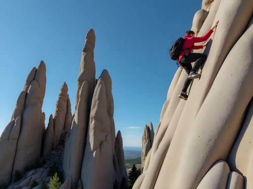 Rock climber scaling granite spires at The Needles in Black Hills National Forest