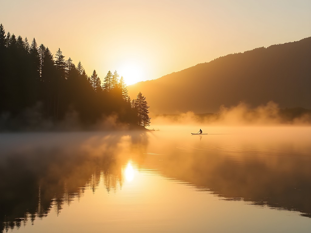 Early morning paddleboarding on Pactola Reservoir with mist rising from the water