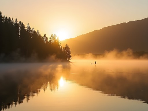 Early morning paddleboarding on Pactola Reservoir with mist rising from the water