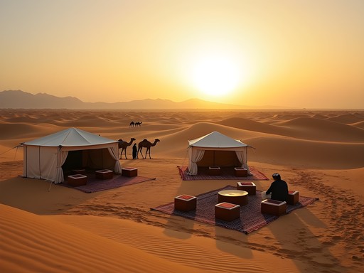 Traditional Bedouin-style desert camp at sunset in Ras Al Khaimah with golden dunes