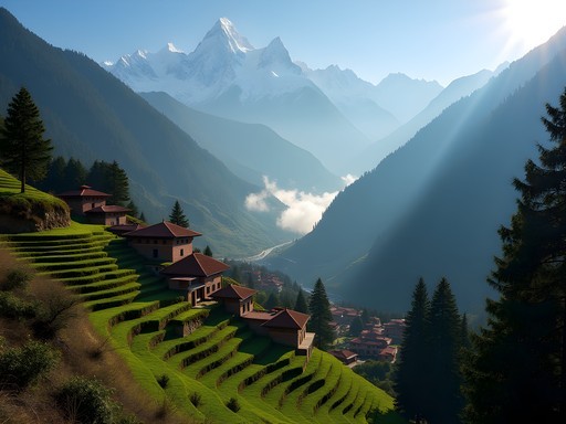 Dramatic Himalayan mountain vista from Bandipur hiking trail with traditional Newari village in foreground