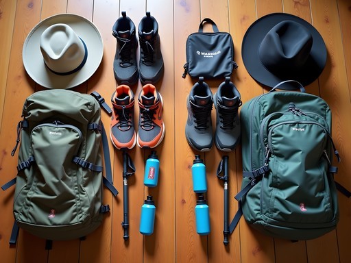 Hiking gear layout comparison showing equipment for Regina prairies versus Bandipur Himalayan treks