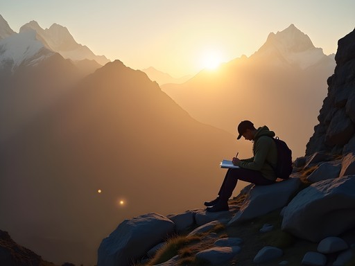 Solo hiker journaling at sunrise with Himalayan mountains in background, no technology visible
