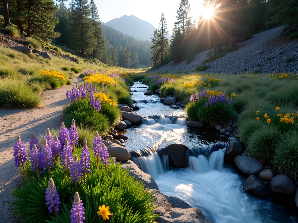 Hunter Creek Trail with purple lupines and yellow balsamroot wildflowers along rushing creek