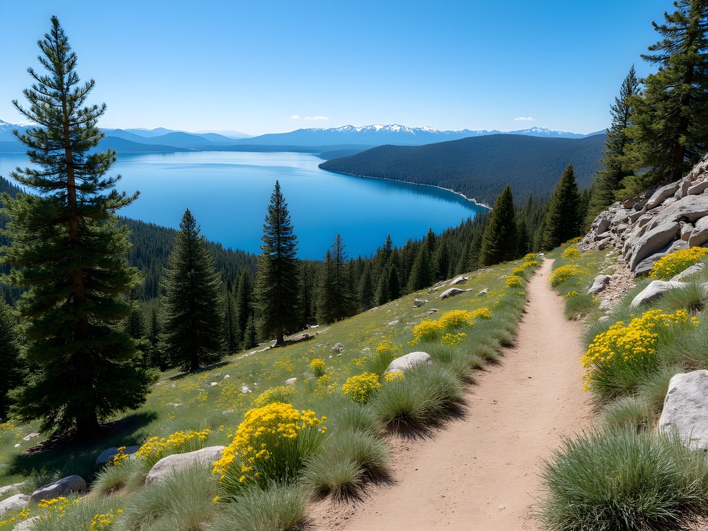 Mountain trail with sweeping views of Lake Tahoe through pine trees