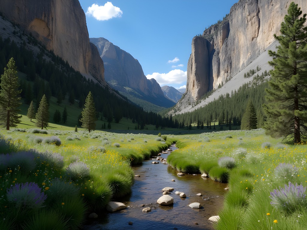 Narrow canyon with granite walls and creek flowing through valley with wildflowers