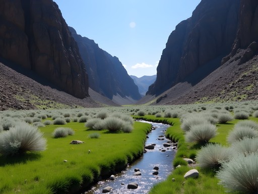 Hidden canyon trail with volcanic rock formations and creek flowing through meadow
