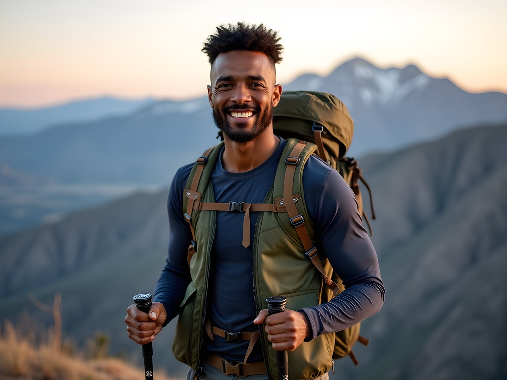 Solo hiker Avery Jackson at Peavine Peak summit with mountain vista behind him
