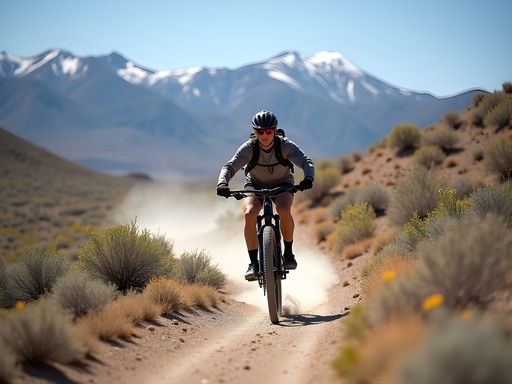 Mountain biker on singletrack trail at Hidden Valley Regional Park Reno with desert landscape