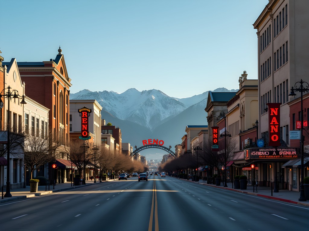 Downtown Reno early morning with mountains visible in background showing proximity to outdoor adventures