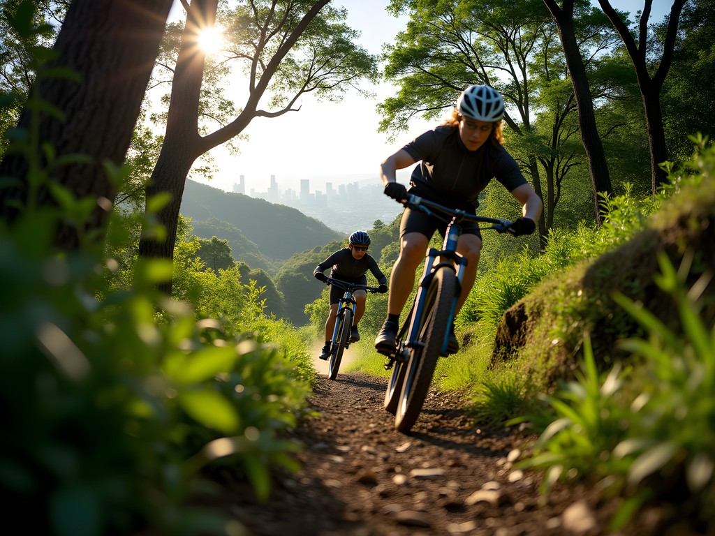 Mountain bikers on forest trail in Tijuca National Park with glimpses of Rio de Janeiro in background