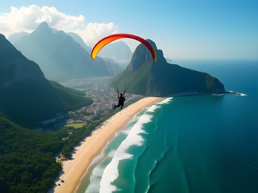 Paragliders soaring over São Conrado beach with Rio's mountains and cityscape in background