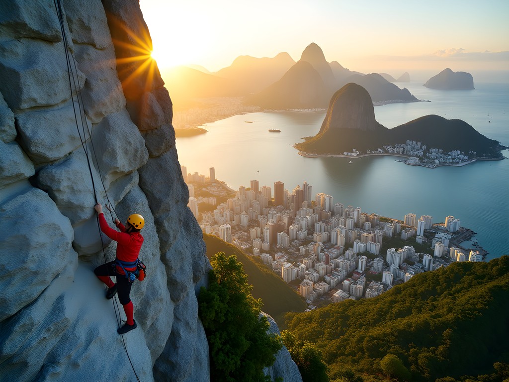 Rock climbers ascending granite face of Morro da Urca with Guanabara Bay visible below