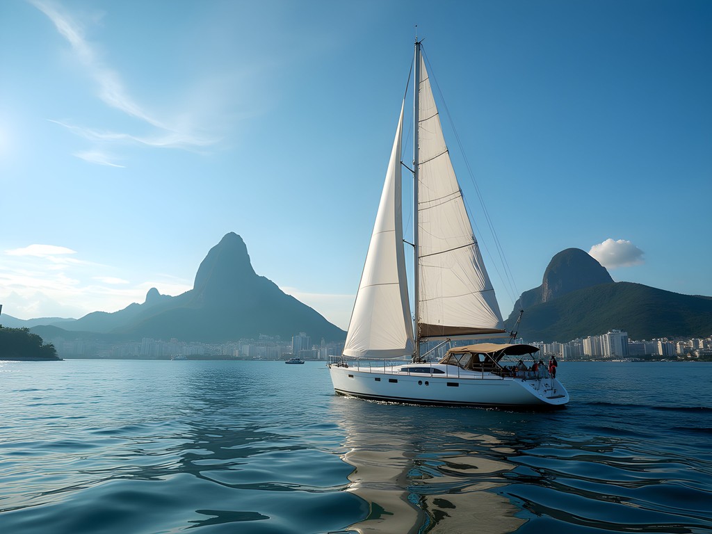 Sailing yacht in Guanabara Bay with Sugarloaf Mountain and Rio skyline in background
