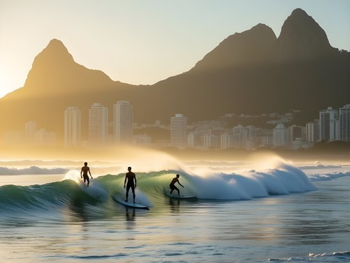 Surfers at Arpoador point with Dois Irmãos mountains and Rio cityscape in background