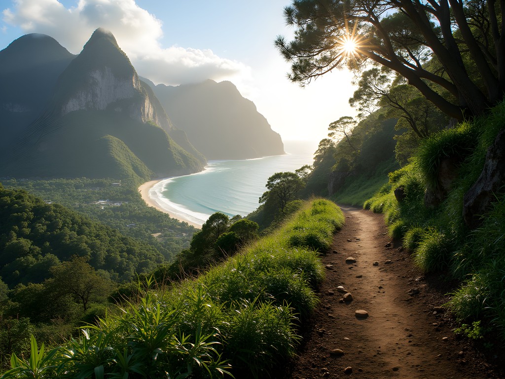 Hiker on Transcarioca Trail with views of Rio's coastline and mountains