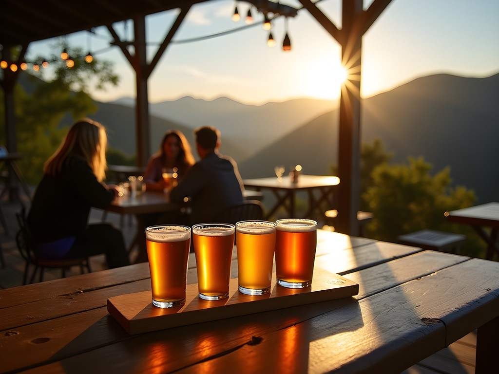 Craft beer flight at outdoor brewery patio in Roanoke after hiking
