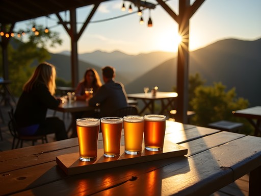 Craft beer flight at outdoor brewery patio in Roanoke after hiking