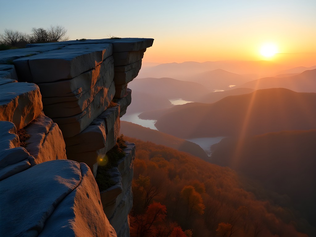 Raj sitting on McAfee Knob at sunrise overlooking Blue Ridge Mountains
