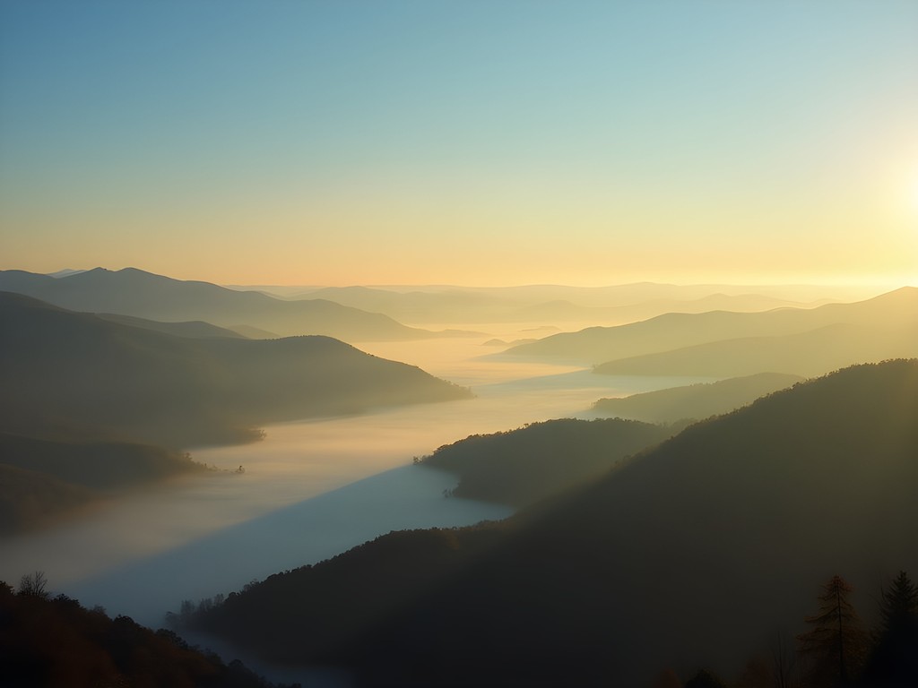 Morning fog layers along Blue Ridge Parkway overlook in Roanoke Valley