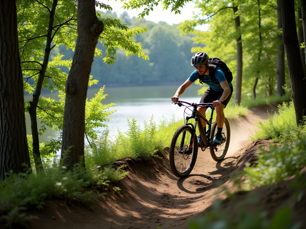 Mountain biker on sustainable trail system at Carvins Cove Natural Reserve, Roanoke