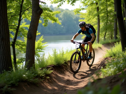 Mountain biker on sustainable trail system at Carvins Cove Natural Reserve, Roanoke