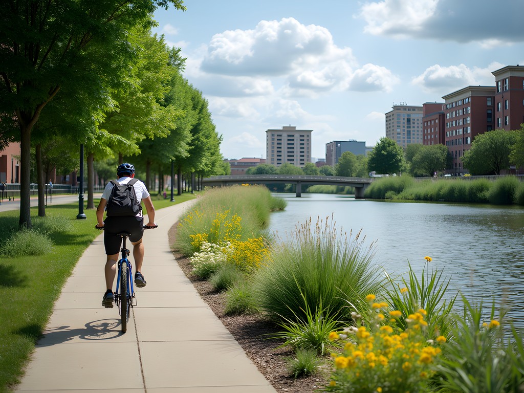 Cyclist on Roanoke River Greenway with flood mitigation features visible