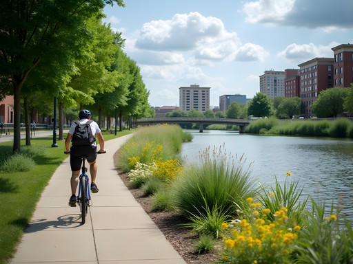 Cyclist on Roanoke River Greenway with flood mitigation features visible