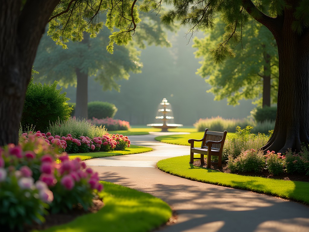 Blooming pathway through Glencairn Garden in Rock Hill with fountains and landscaping