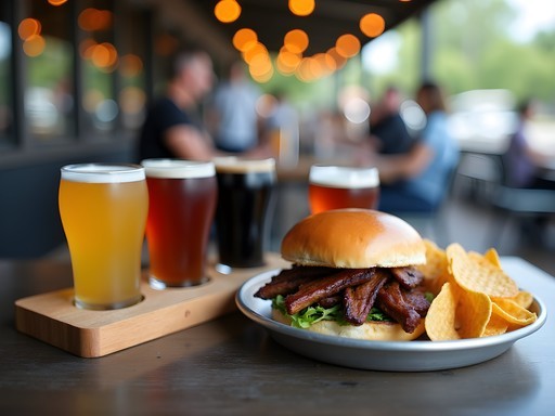 Outdoor patio dining at Legal Remedy Brewing in Rock Hill with craft beer flight