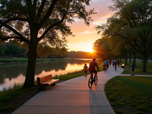 Sunset view of the Rock Hill Riverwalk with cyclists and pedestrians