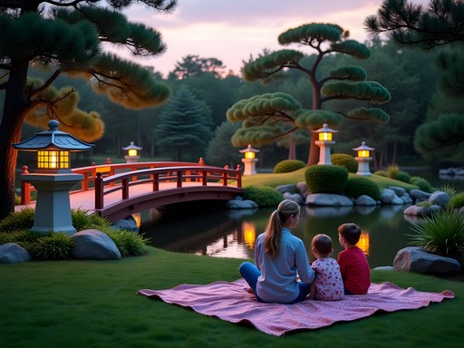Family enjoying twilight at Anderson Japanese Gardens in Rockford with lanterns illuminated