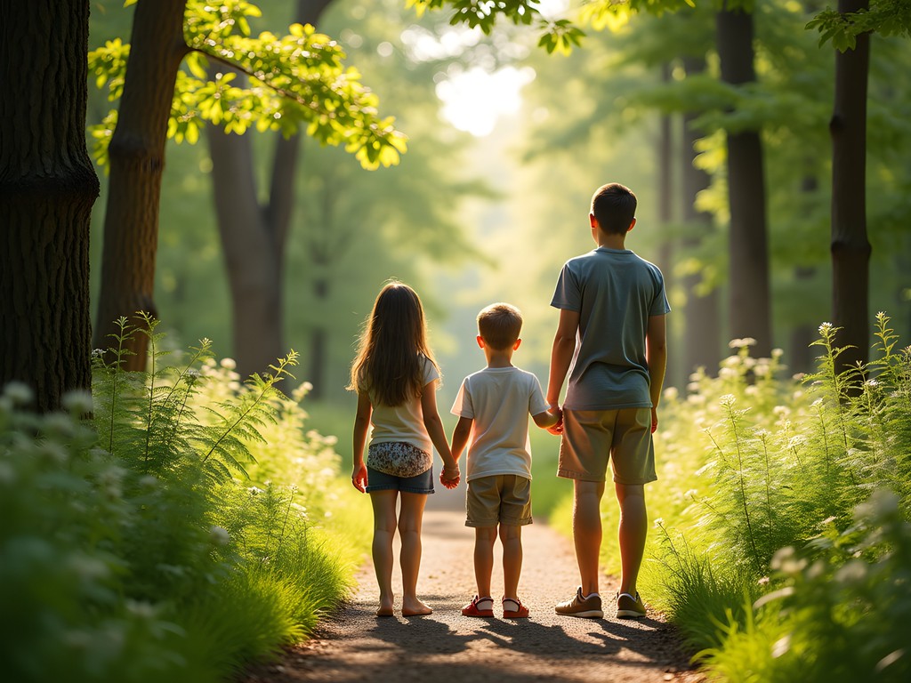 Family practicing mindful hiking exercise in Atwood Park forest in Rockford