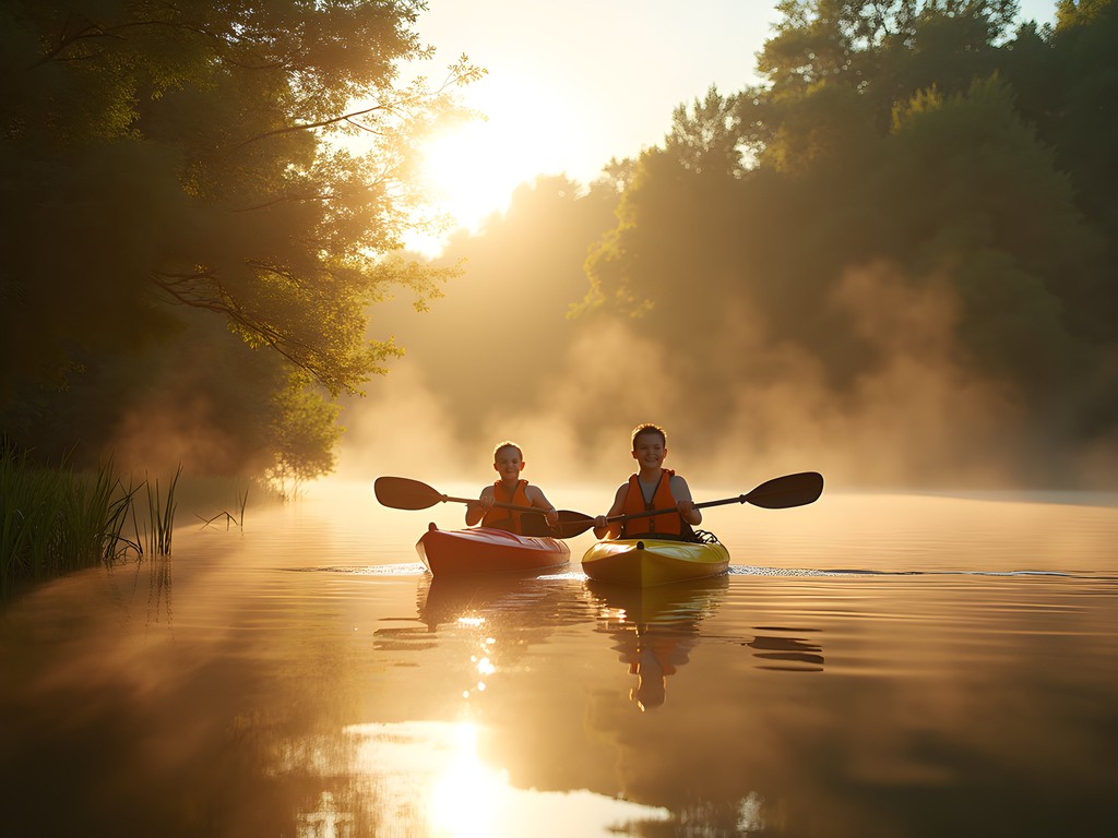 Family kayaking on Rock River in Rockford with morning mist rising from water