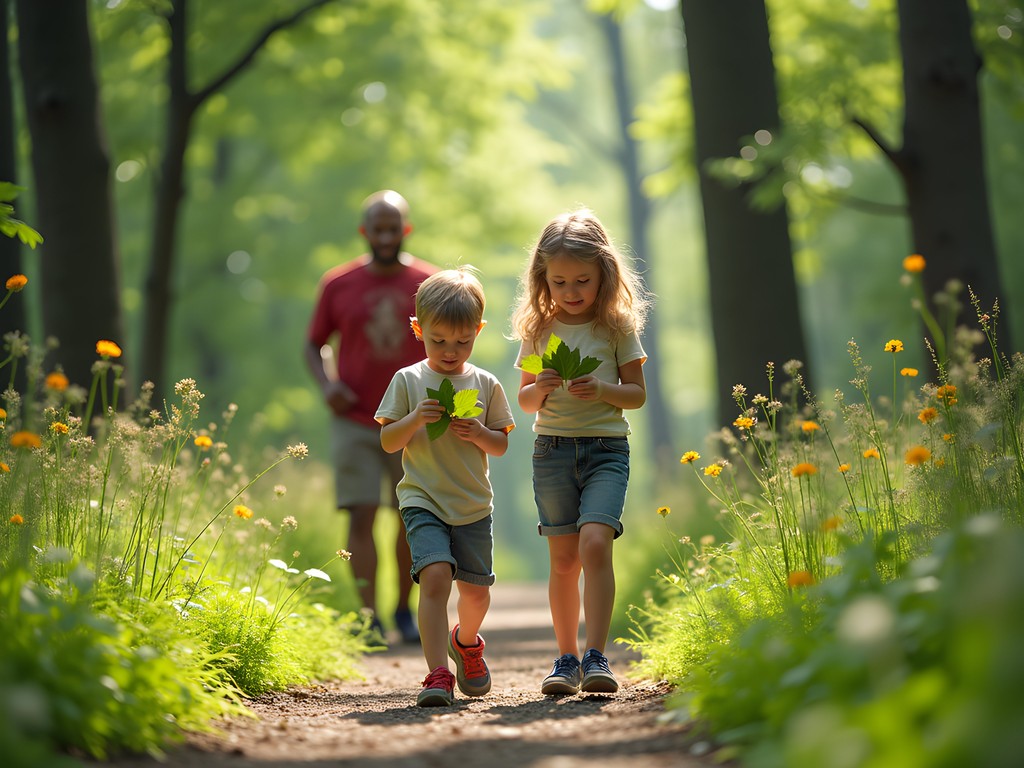 Family exploring woodland trail at Severson Dells Nature Center in Rockford