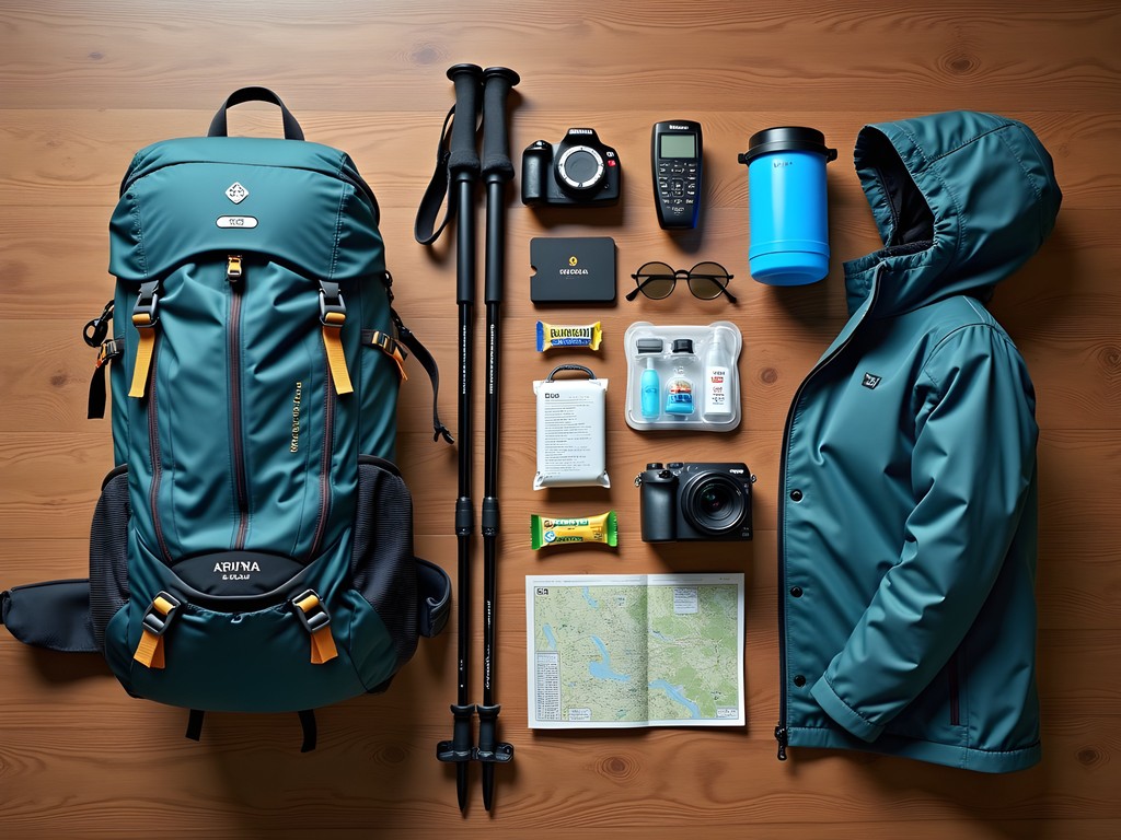 Flat lay of essential hiking gear for Killington Peak including backpack, hydration system, navigation tools, and weather protection