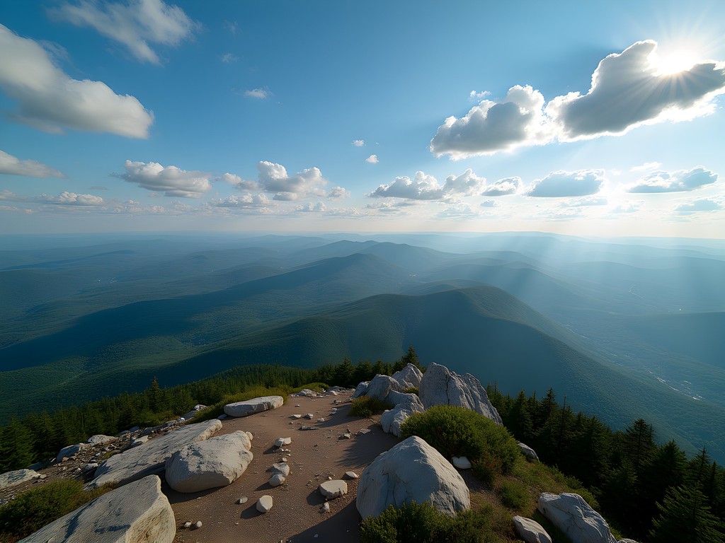 Panoramic view from Killington Peak summit showing Green Mountains and distant ranges across four states