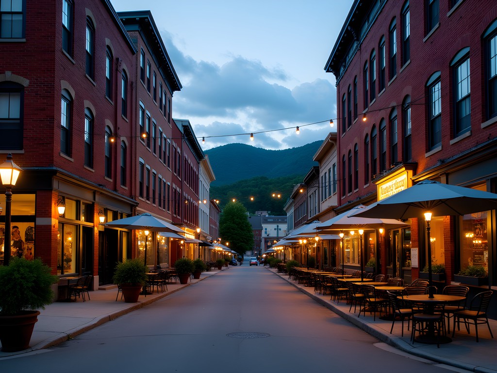 Evening view of downtown Rutland Vermont showing historic architecture and restaurants with outdoor seating