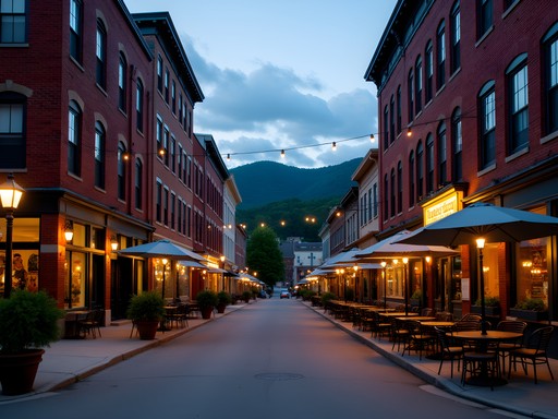 Evening view of downtown Rutland Vermont showing historic architecture and restaurants with outdoor seating