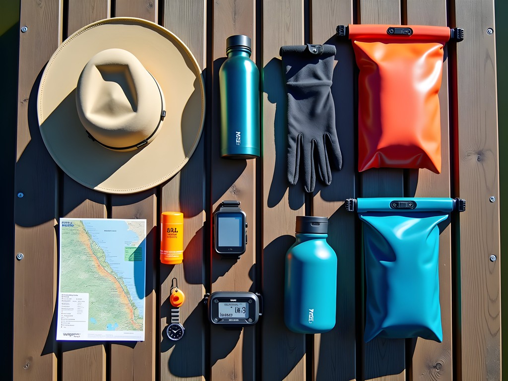 Essential kayaking gear laid out for Sacramento river adventures