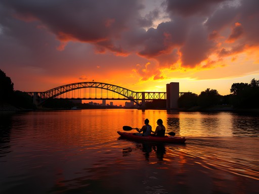 Couple kayaking on Sacramento River at sunset with Tower Bridge and city skyline
