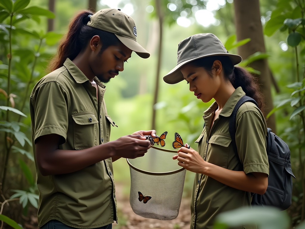 Local conservation workers monitoring butterfly populations in a forest clearing at Camp Charvein