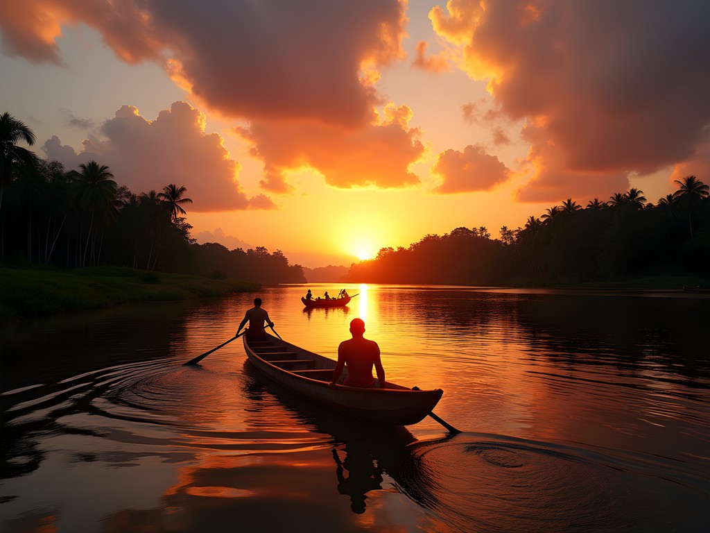 Sunset over the Maroni River with traditional pirogues silhouetted against orange sky