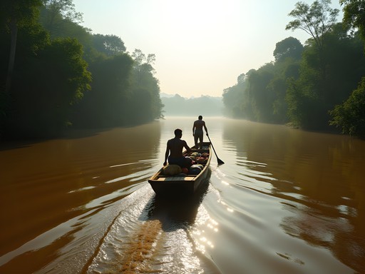 Traditional wooden pirogue navigating the wide Maroni River with passengers and cargo