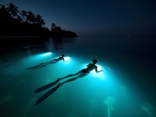 Couple night snorkeling in bioluminescent waters off Lano Beach near Salelologa, Samoa