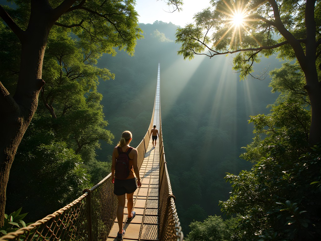 Couple crossing suspended rainforest canopy walkway in Falealupo Preserve near Salelologa