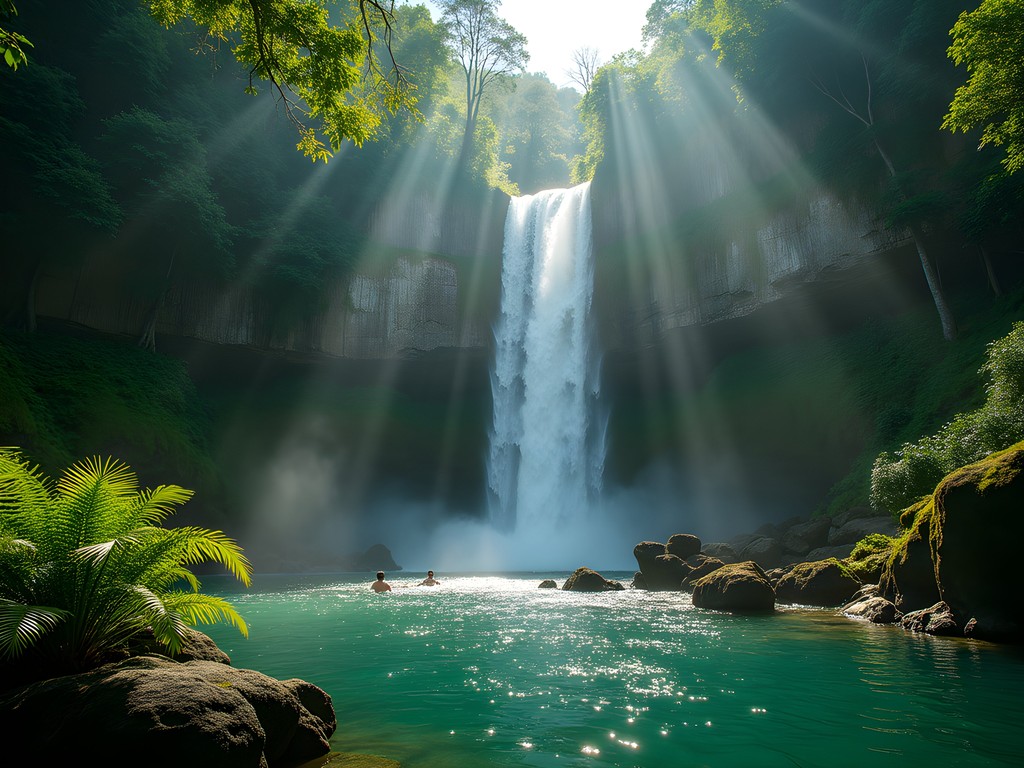 Couple swimming in the emerald pool beneath Mataolealelo Falls near Salelologa, Samoa