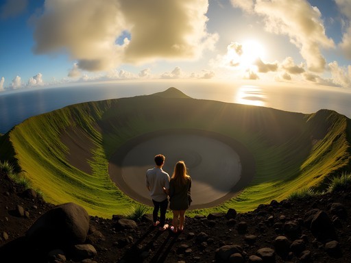 Couple standing at Mt. Matavanu crater rim overlooking Savai'i island and Pacific Ocean