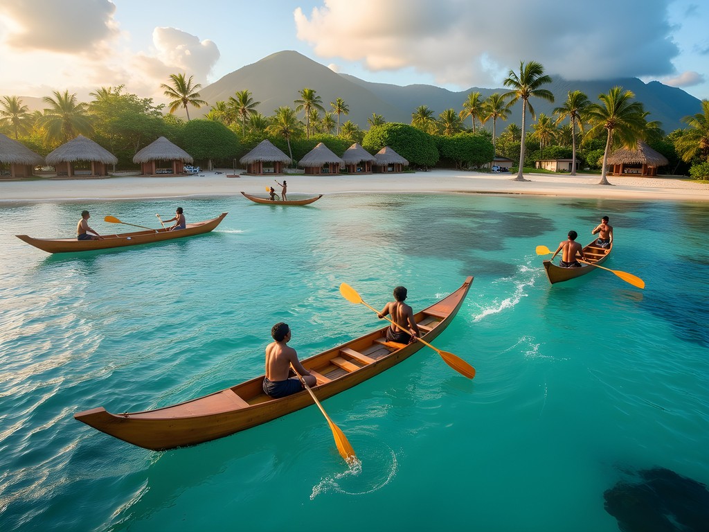 Traditional Samoan outrigger canoes along village coastline near Salelologa with paddlers